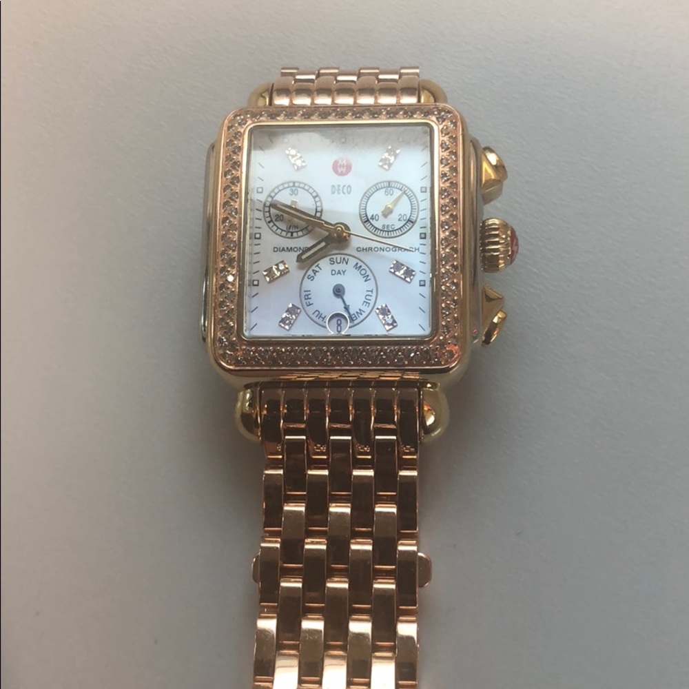 Michele tri-tone Deco face w/rose gold mental band